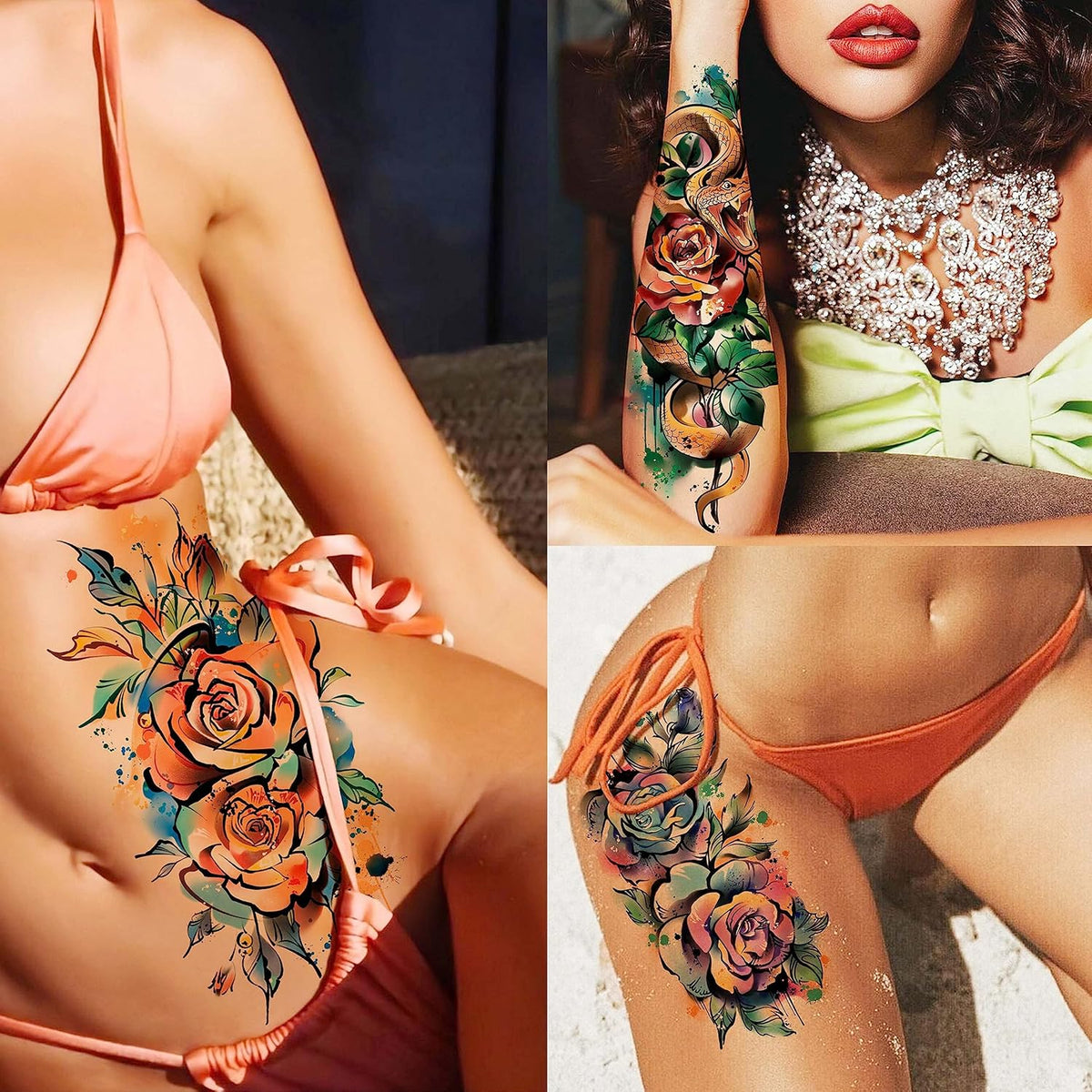 63 Sheets 3D Watercolor Rose Temporary Tattoos For Women Arm Girls Adults, Water Color Peony Flower