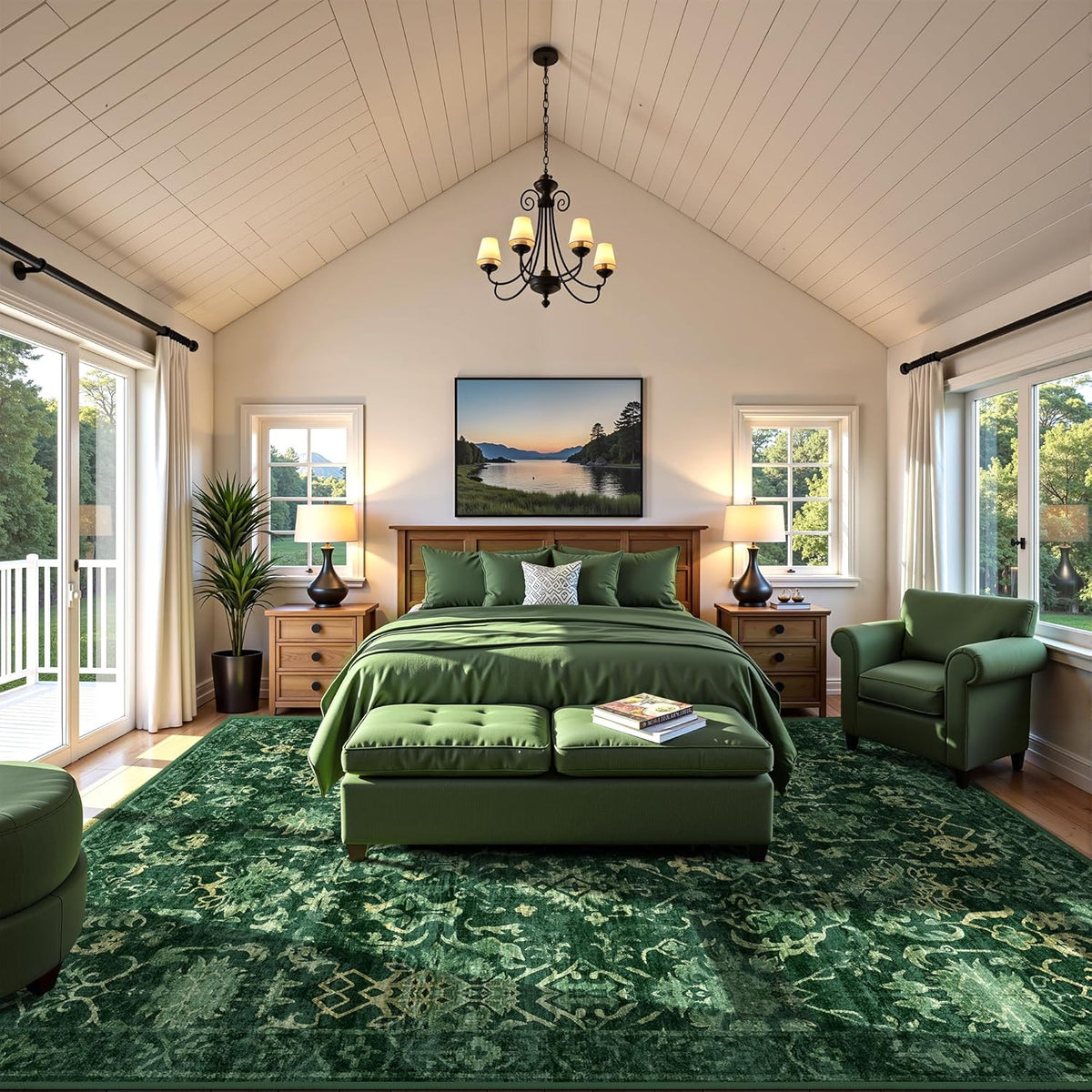 Dark Green Extra Large Area Rug 10x14 for Living Room, Distressed Washable Rug for Dining Room