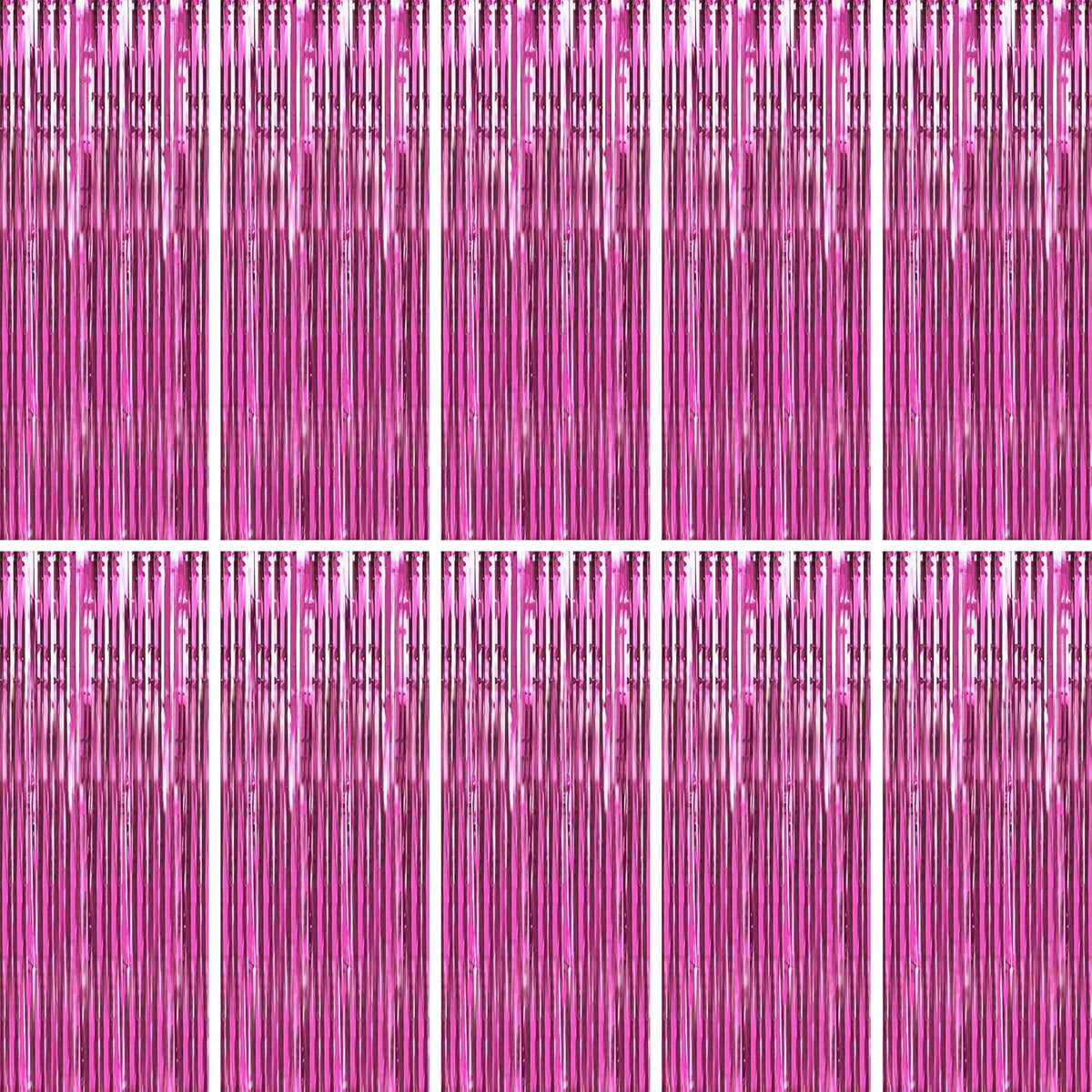 BTSD-home 10 Pack Pink Foil Fringe Curtain, Metallic Photo Booth Backdrop Tinsel Door Curtains for