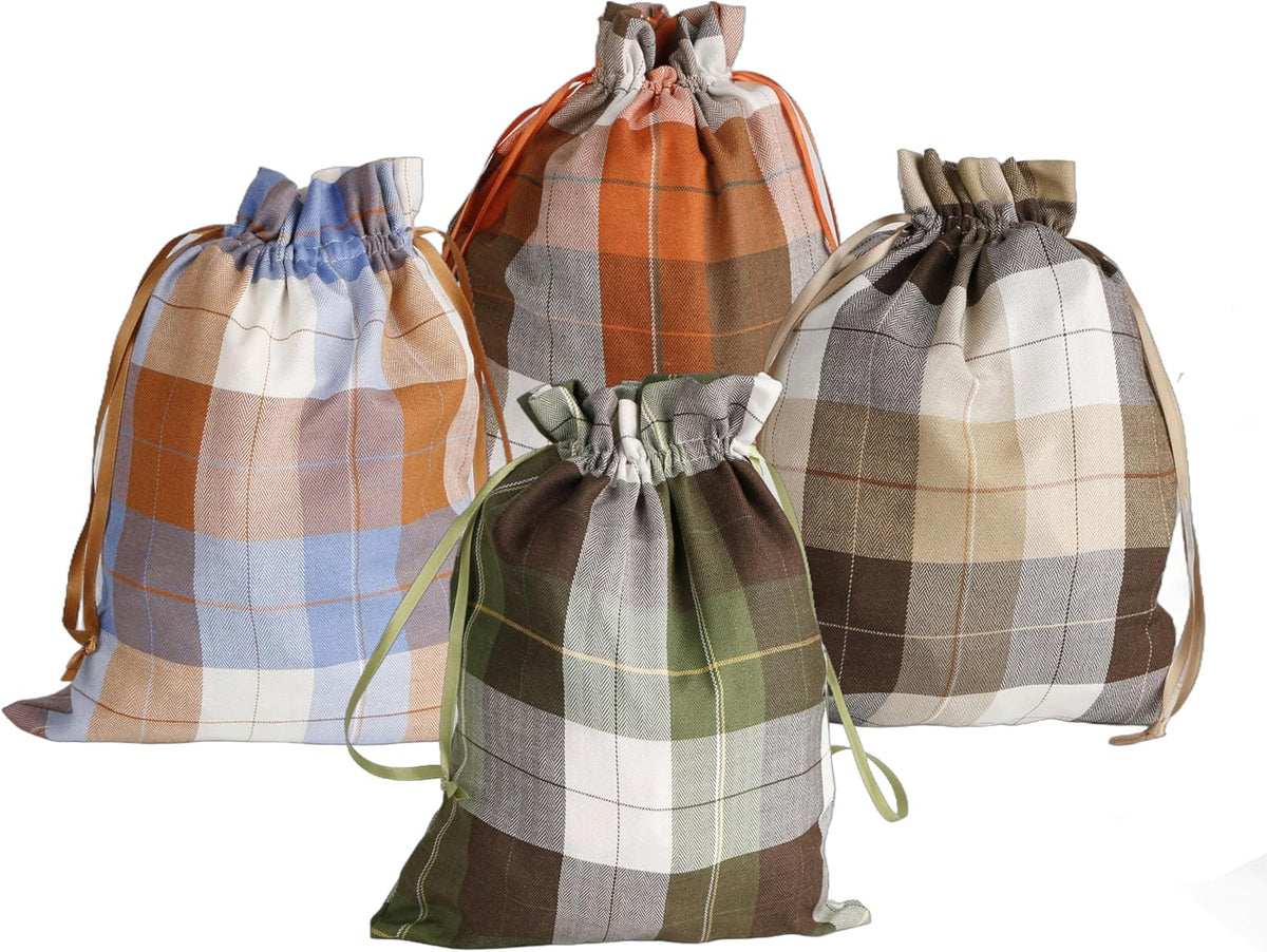 Large Fall Burlap Bags with Drawstrings - Orange Buffalo Plaid, Sage Green Gingham - Reusable Brown