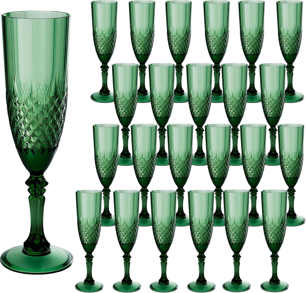 Plastic Champagne Flutes, 24PCS Dark Green Wine Glasses Goblets Cups Reusable Flute, for Christmas