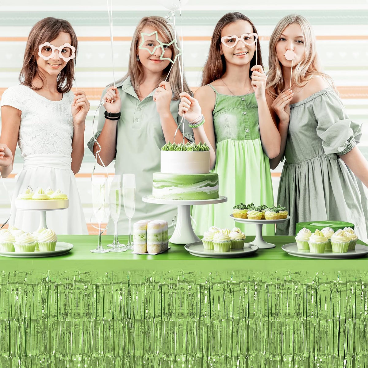 4 Pack Blue Lime Green Purple Series Table Skirts, 29x108" Metallic Foil Tinsel Fringe Table Skirt