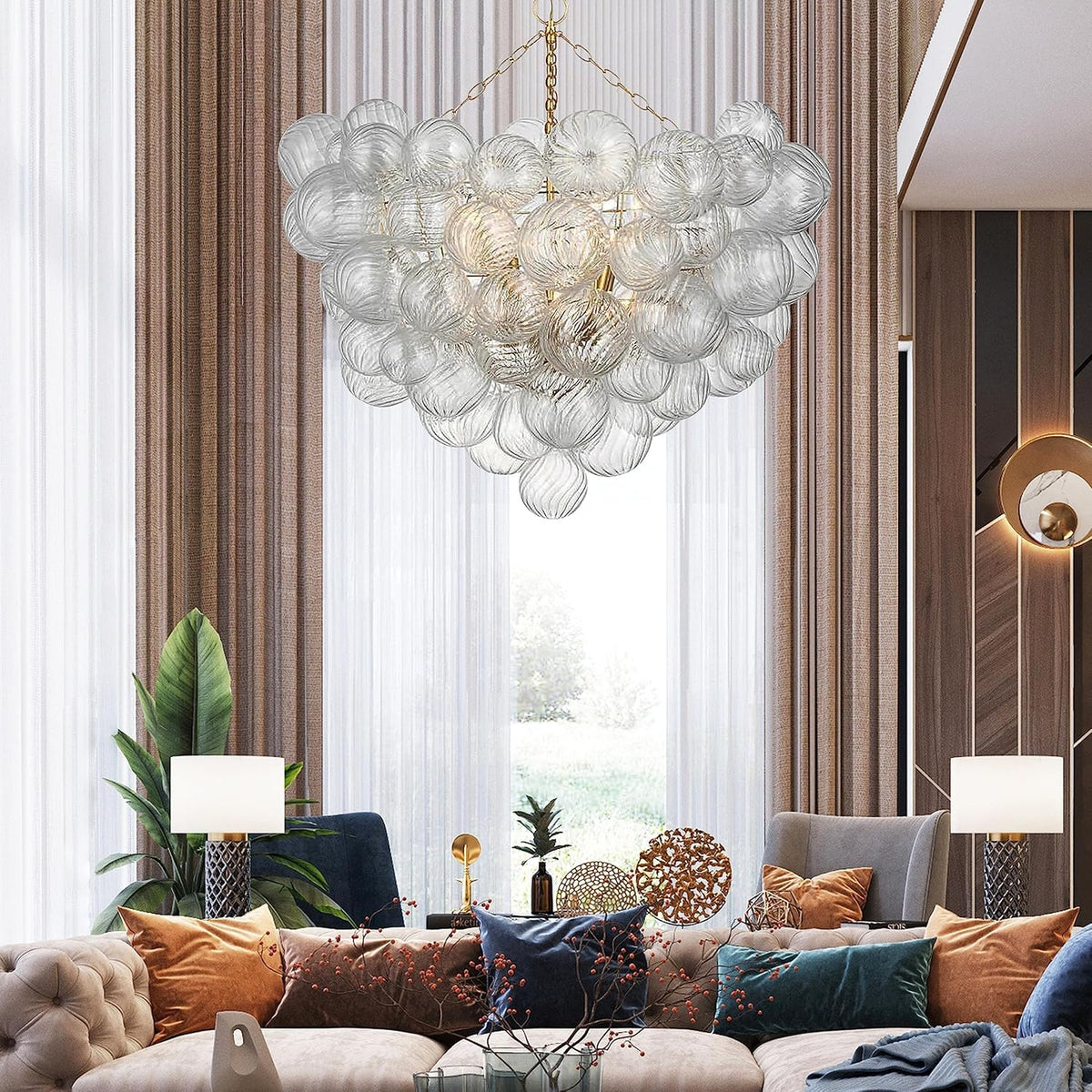 Nordic Bubble Ball Swirled Glass Chandelier, Dia 36 inch Gild Gold and Clear Blown Glass Large