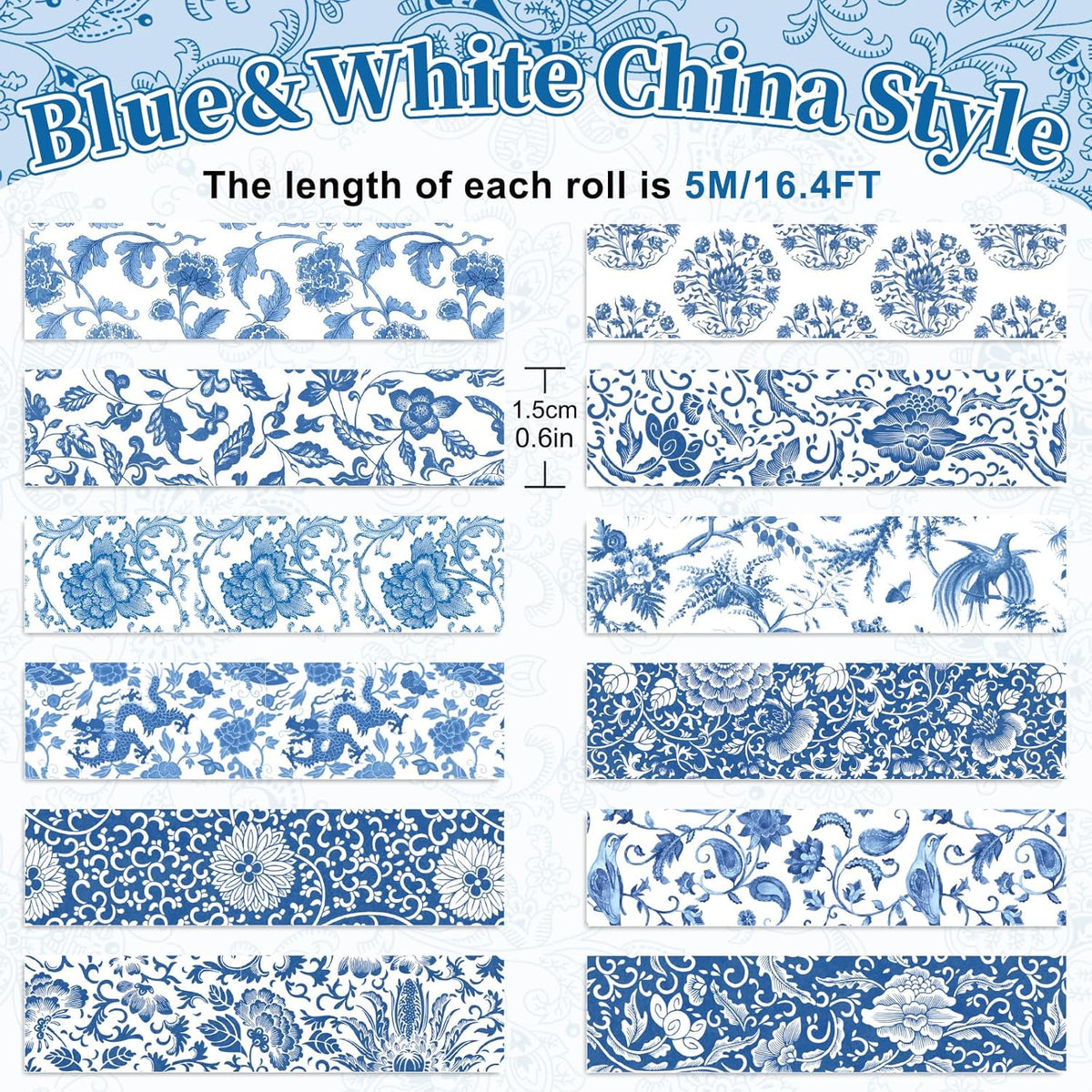 Whaline 12 Rolls Blue Floral Washi Tape Chinoiserie Flower Washi Tape Vintage Masking Decorative