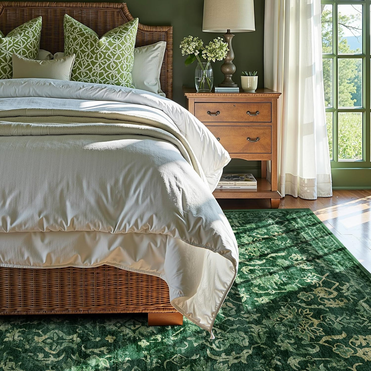 Dark Green Area Rugs 6x9 for Living Room, Washable Vintage Rugs for Bedroom, Distressed Throw Rug