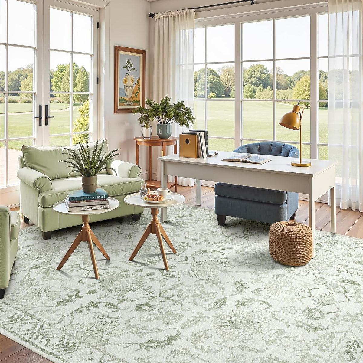 Sage Area Rugs 6x8 for Living Room, Washable Vintage Rugs for Bedroom, Distressed Throw Rug, Non