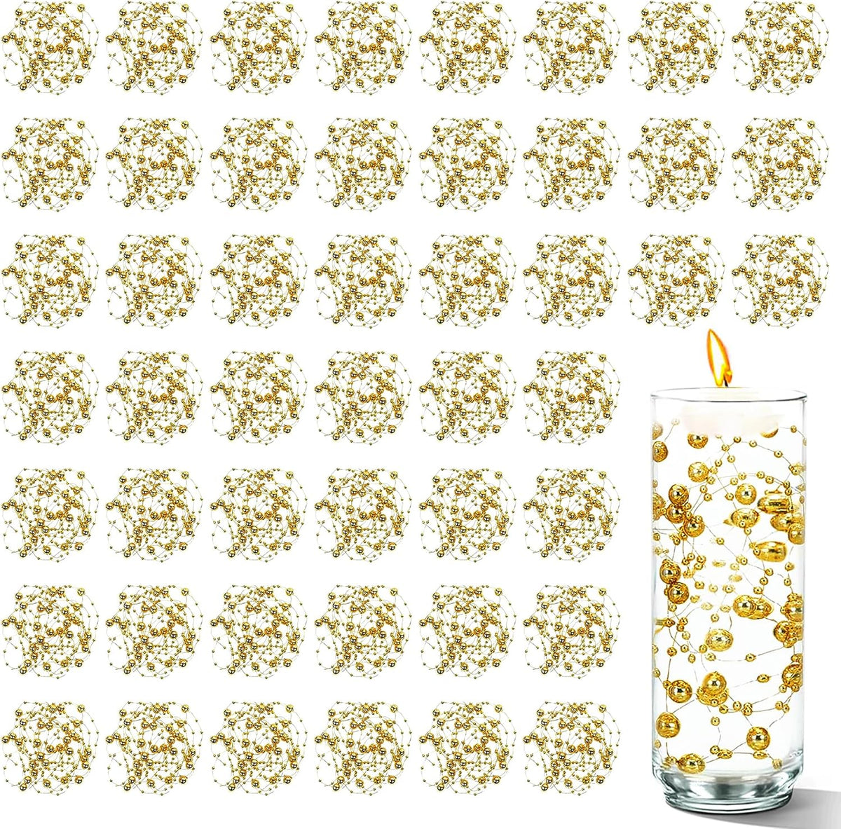 50 PCS Artificial Floating Beads for Centerpieces Vases, Gold 8+3mm String Beads for Wedding Party