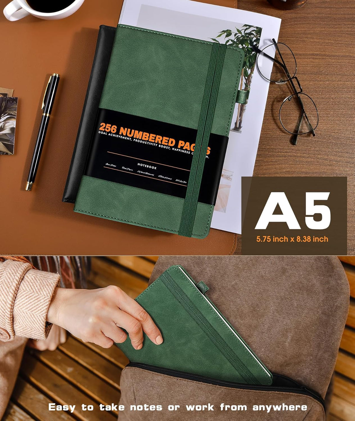 Lined Journal Notebook for Women Men, 256 Numbered Pages Hardcover Leather Journals for Writing, A5
