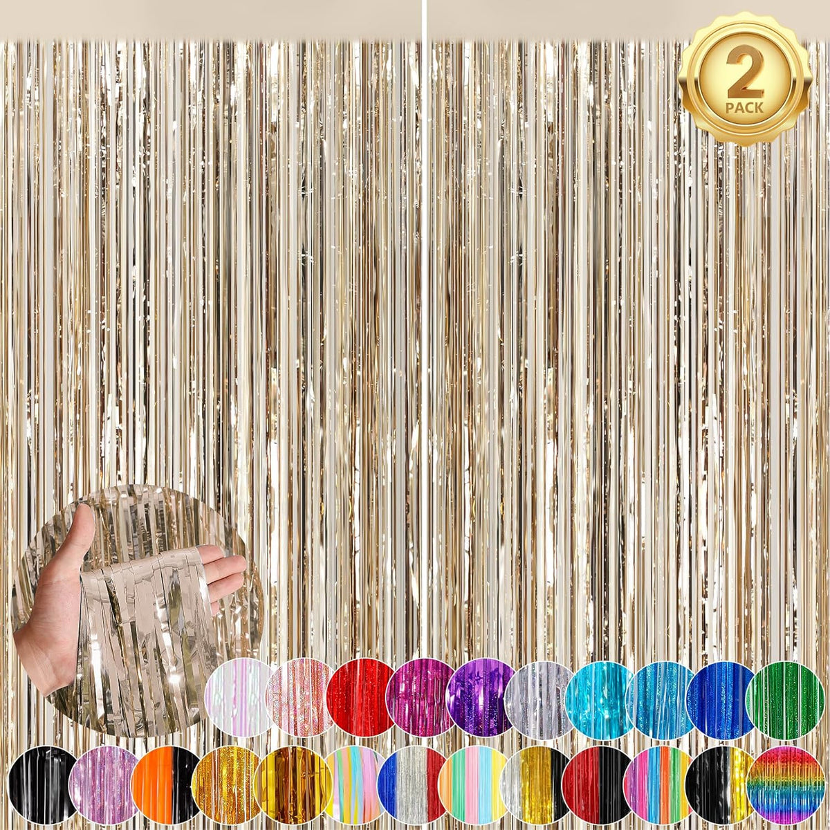 Champange Party Streamers Fringe Curtain 2Pack 3.3 x 8.3 Ft Foil Fringe Backdrop Curtains for
