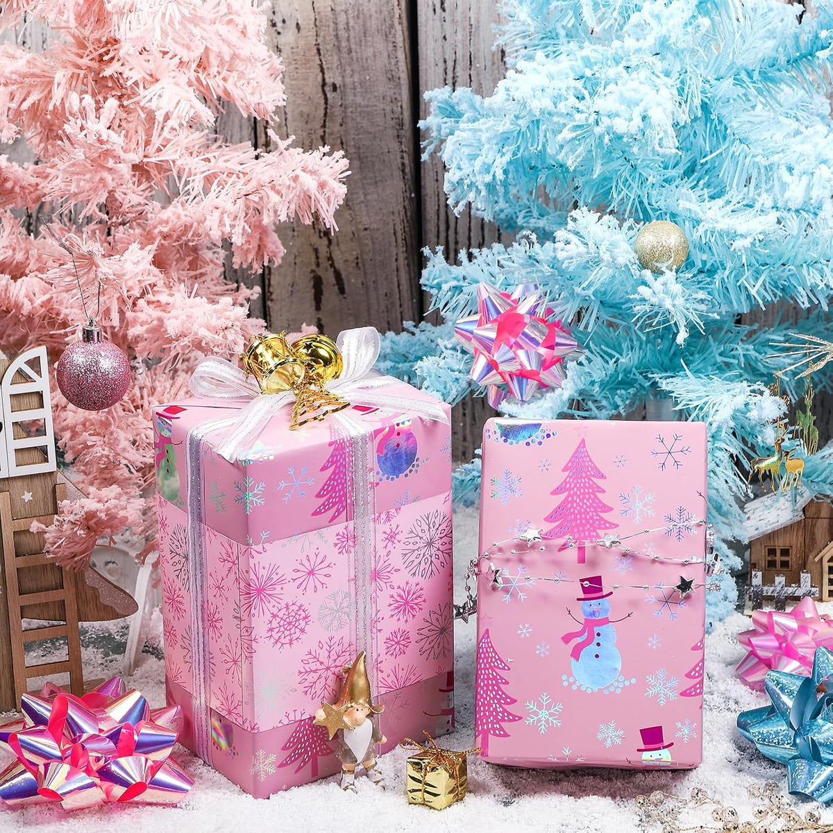 LeZakaa Christmas Pink Wrapping Paper Jumbo Roll, Snowman Christmas Tree & Snowflake Metallic Foil