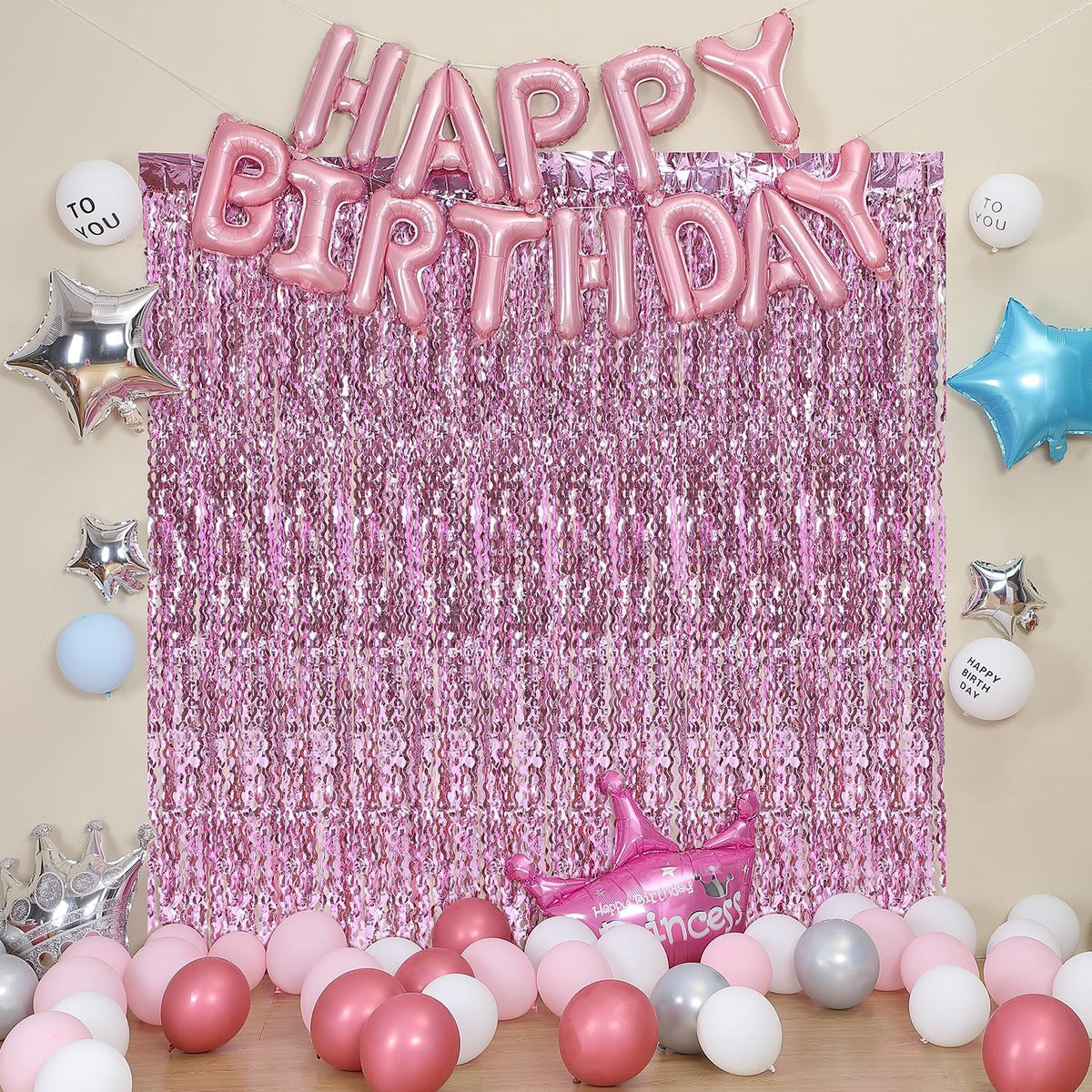 Pink Foil Fringe Curtain - Wavy Fringe Backdrop 3.3 x 6.6 Feet, Pack of 3 | Pink Streamers Party