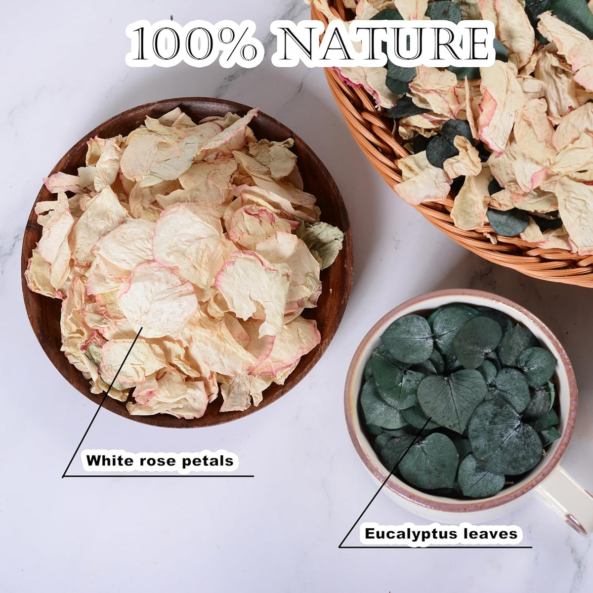 Oning 20+ Cups of Mix Dried Bio Flower Rose Petals Confetti, 2 QT Ivory White Roses & Eucalyptus