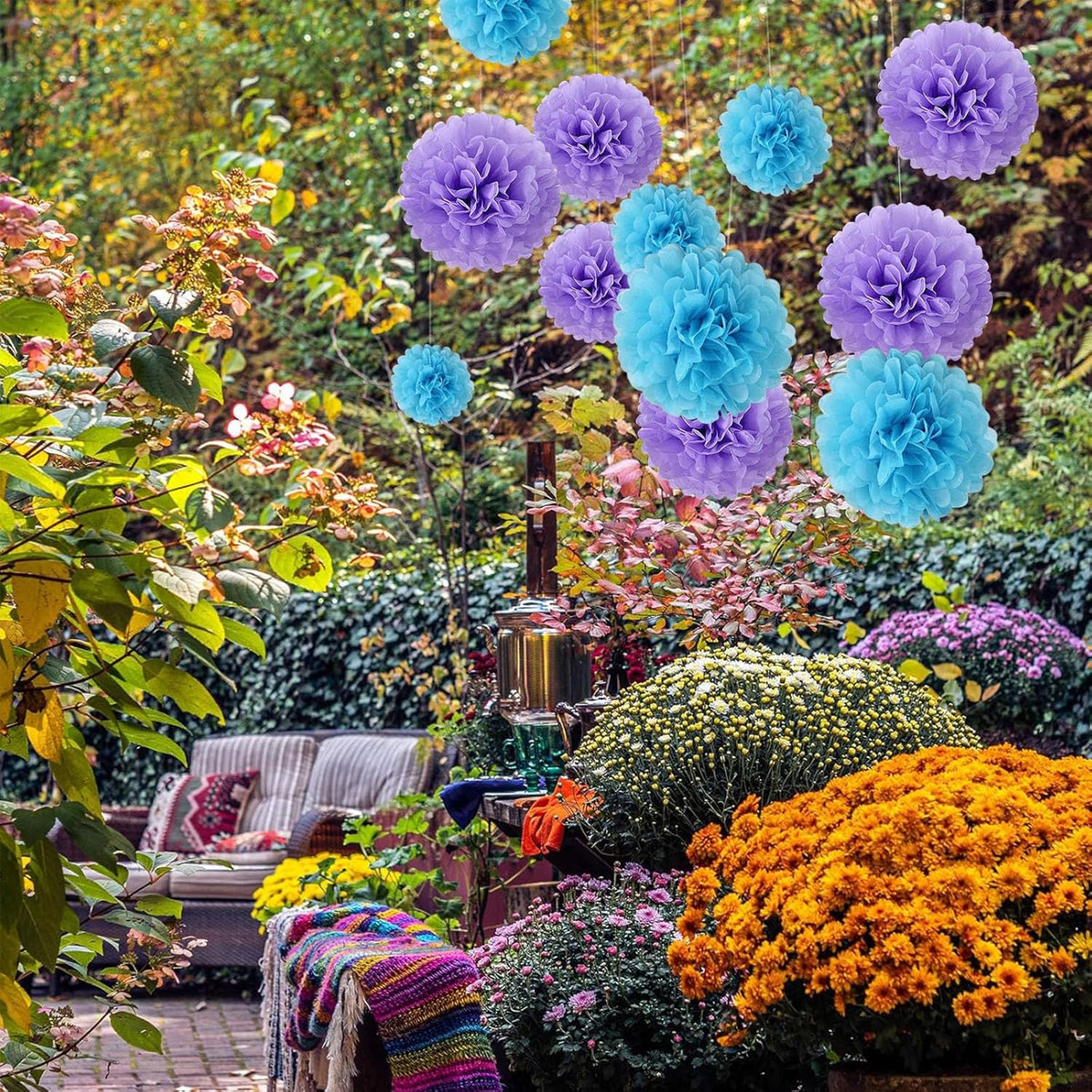 20 PCS Baby Blue Tissue Paper Pom Poms, Tissue Pom Poms Flowers, Sizes of 6", 10", 12", 14" Hanging