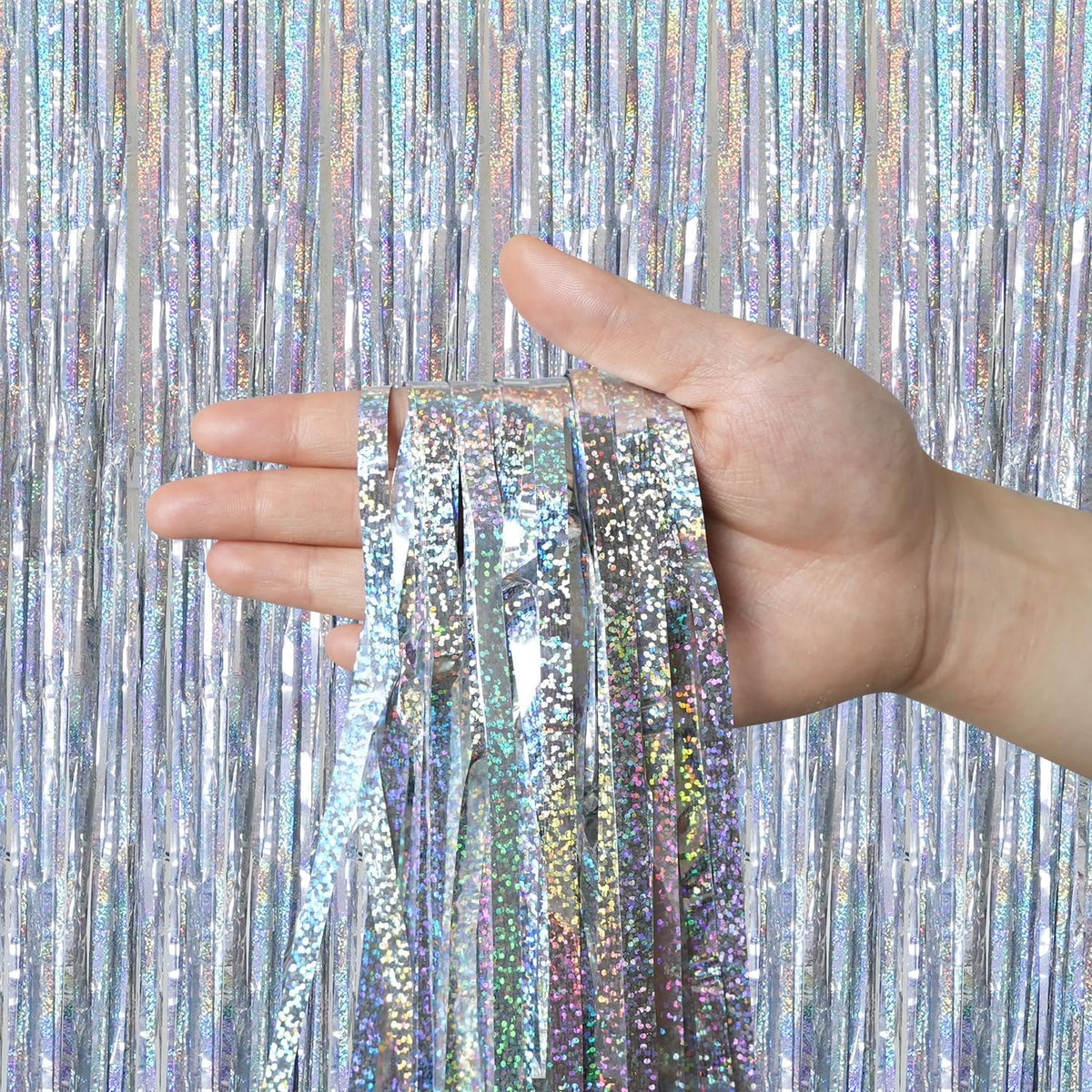 QRabbit 4 Pack Foil Curtain Backdrop, Silver Metallic Tinsel Foil Fringe Curtains, Party Streamers