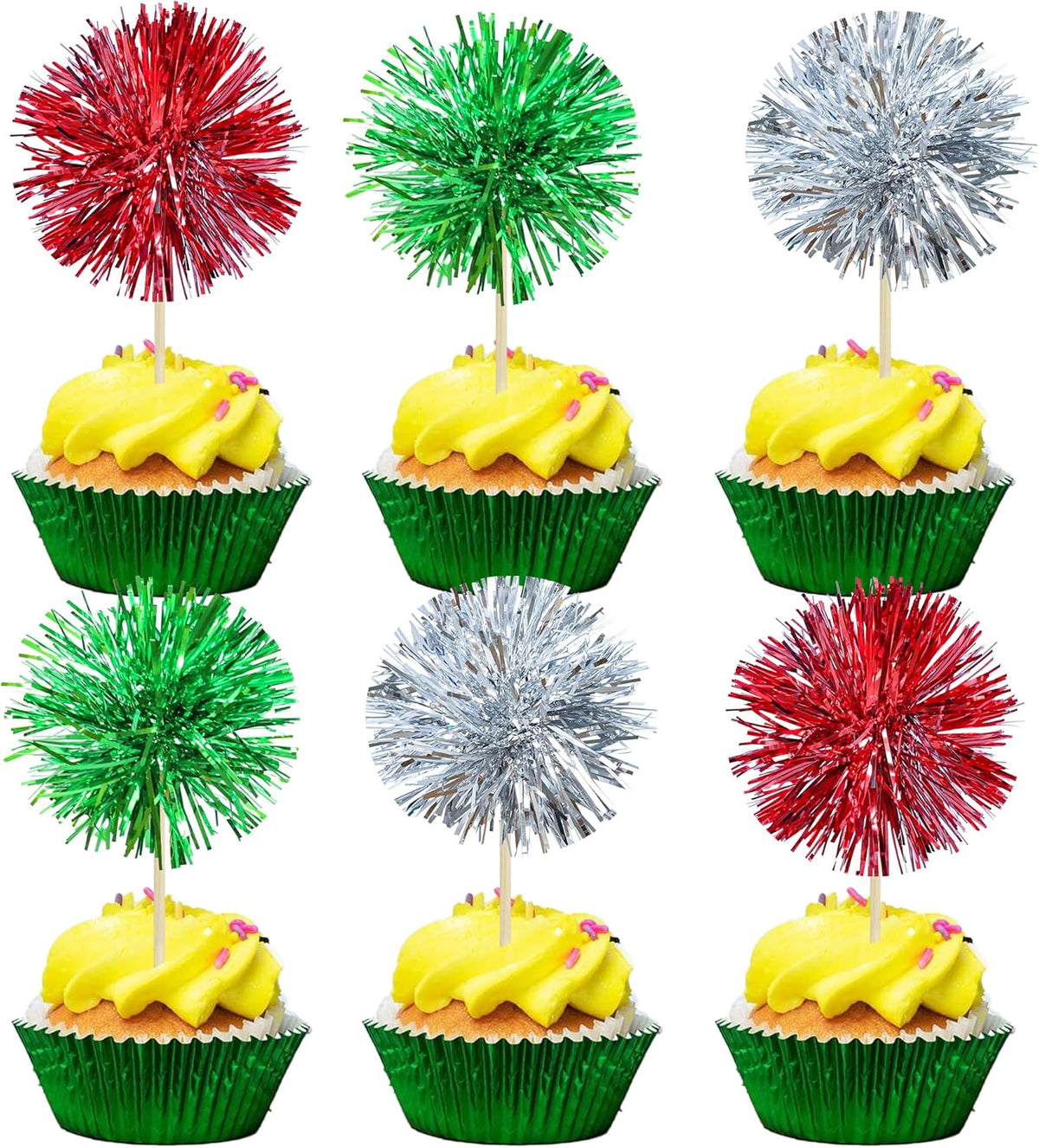 Gyufise 30Pcs Foil Firework Cupcake Toppers Sparkle Tinsel Cake Toppers Tinsel Drink Cake
