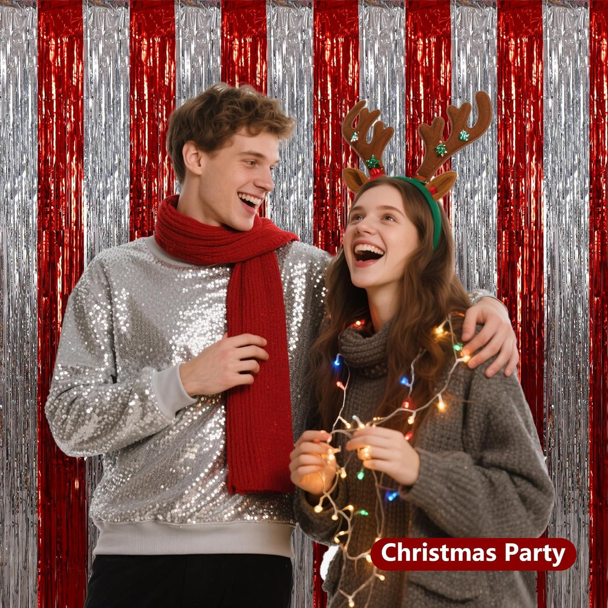 BEISHIDA Red Silver Door Streamers Backdrop Foil Fringe Tinsel Party Streamers Curtains Photo