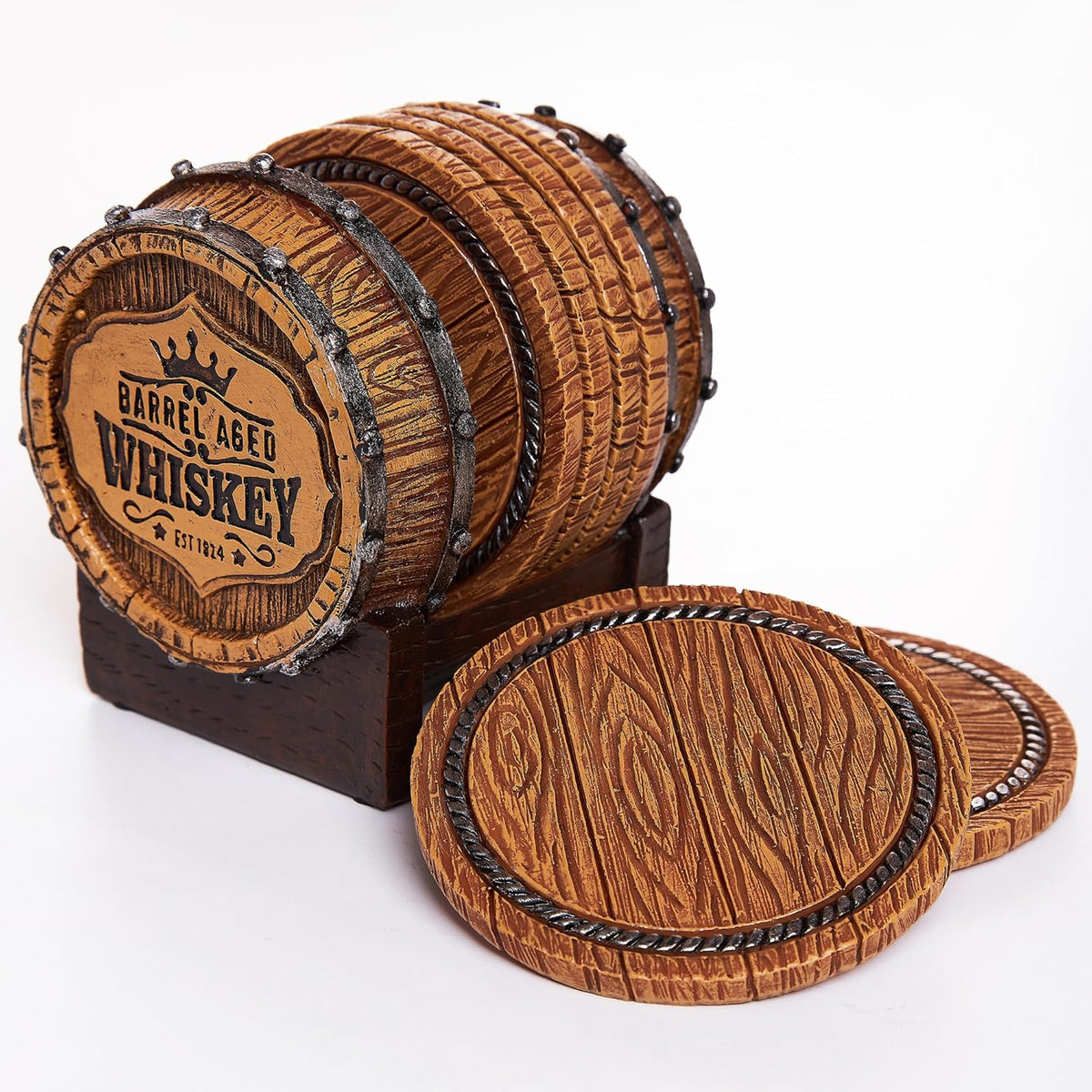 Cabin Obsession Whiskey Barrel Coaster Set – Handcrafted Whiskey Barrel Decor for Whiskey Lovers