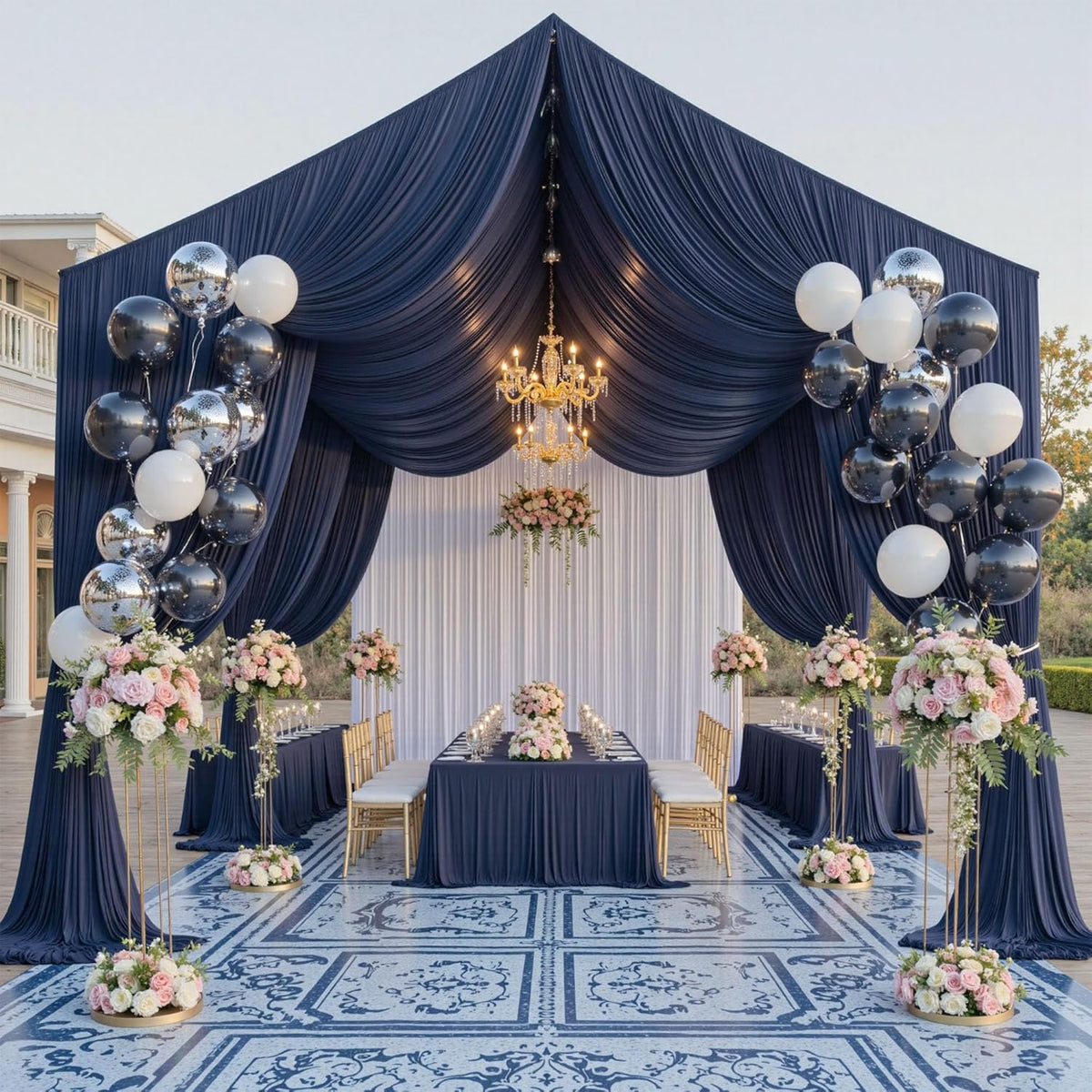 PartyVillage 20ftx40ft Navy Blue Ceiling Curtain for Wedding Parties – 4 Panels Wrinkle-Free 40 FT