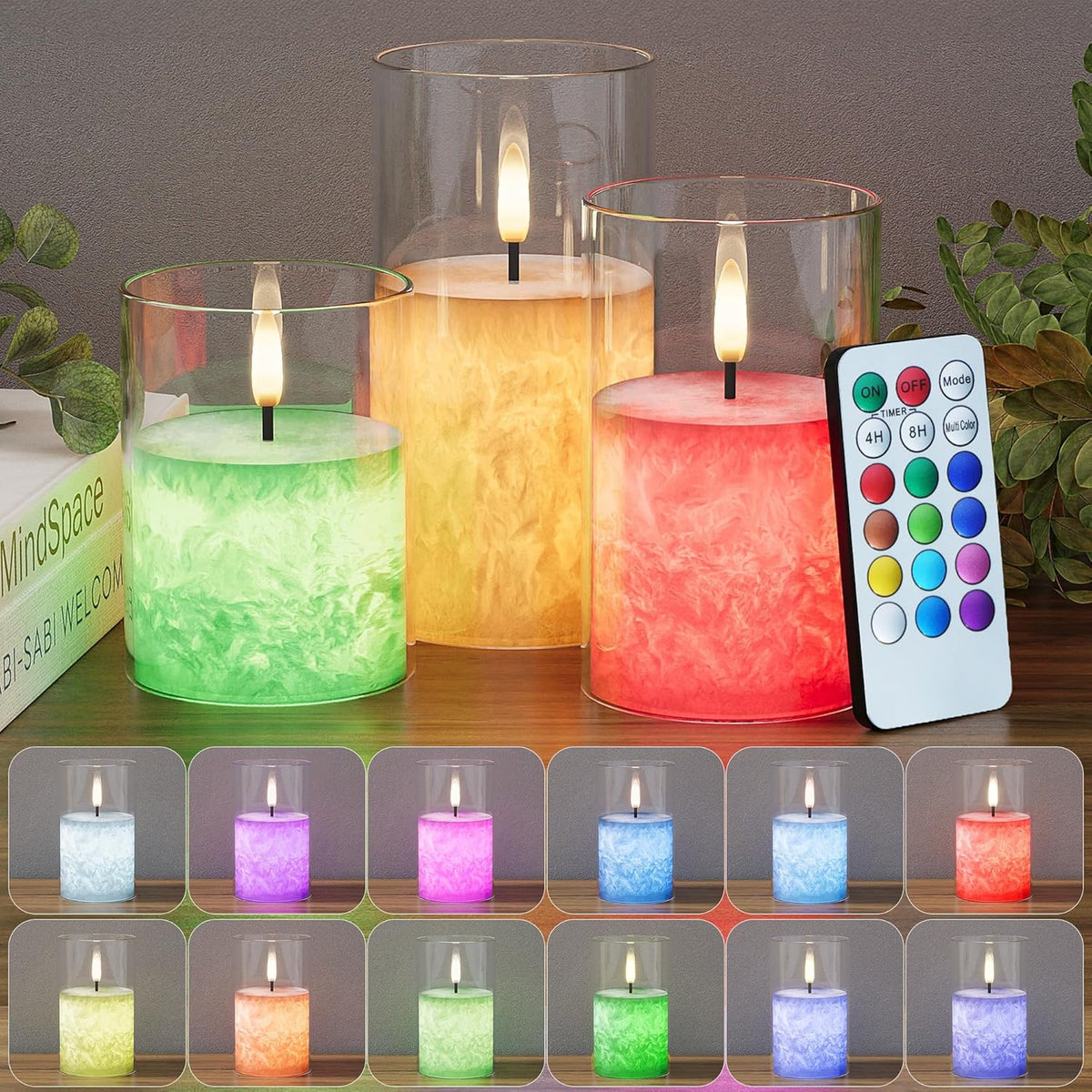 12Colors Ice Crystal Real Wax Glass Flameless Candles with Remote & Timer, Battery Operated Candles