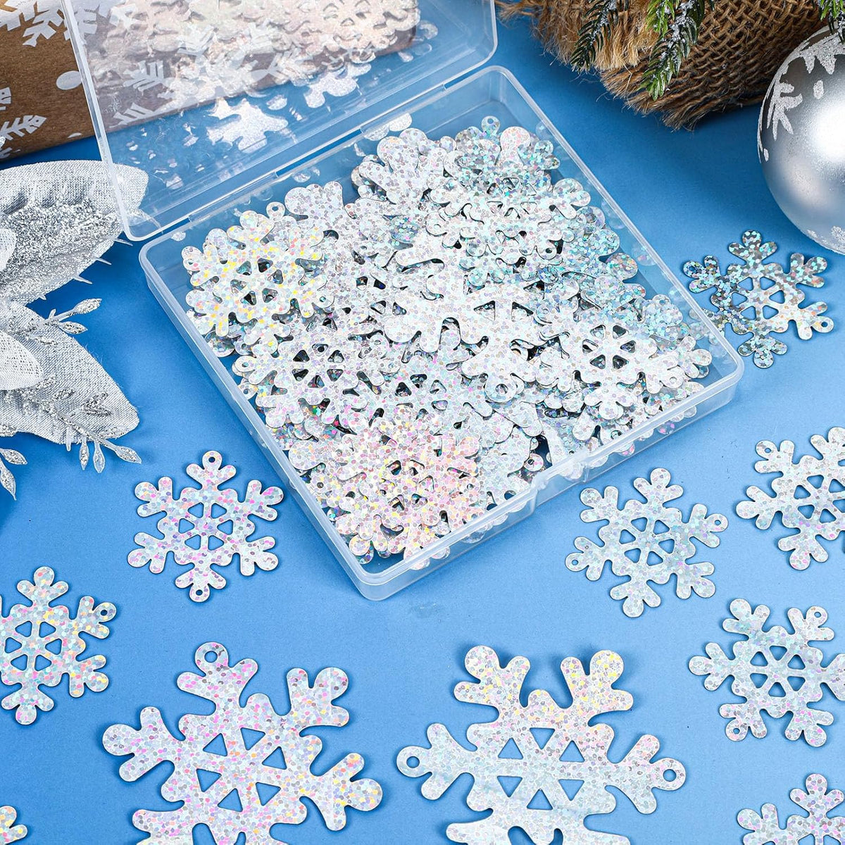 MARFOREVER Holographic Snowflake Glitter Confetti, Christmas Laser Silver Snowflake Table Scatters