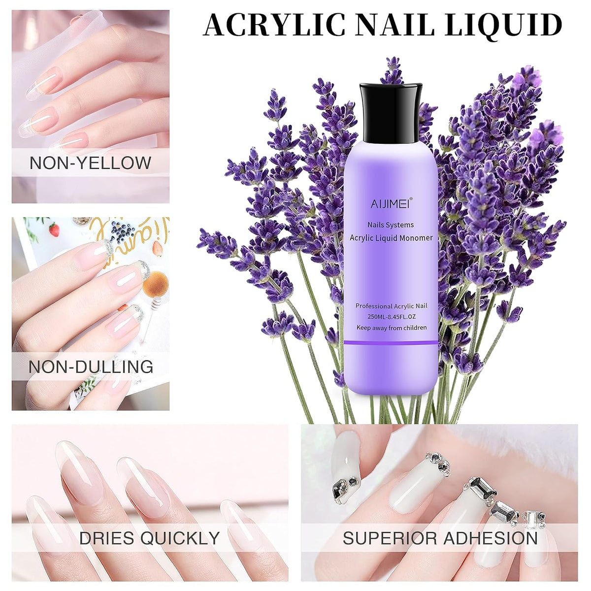 AIJIMEI Acrylic Liquid Monomer 250ML/8.5FL.OZ with 3PCS Acrylic Nail Brushes for Acrylic Powder