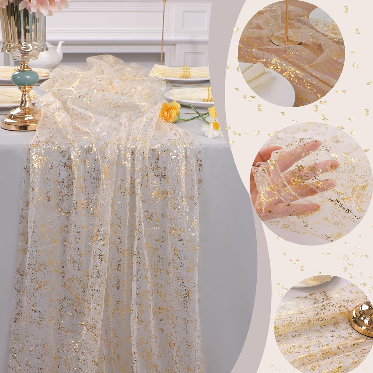 Snowkingdom 10 Pack 10ft Gold Table Runners, Sheer Chiffon Tulle Cheesecloth Sequin Glitter