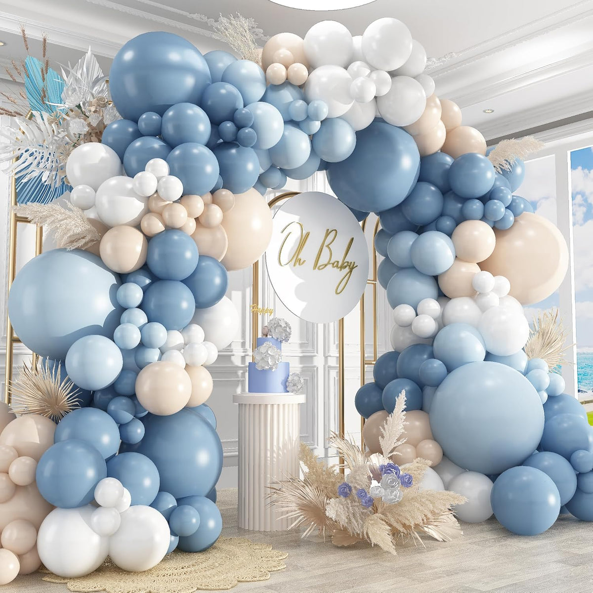412Pcs Dusty Blue White Sand Balloon Arch Garland Kit,18 12 10 5 Inch Slate Fog Baby Blue Macaron