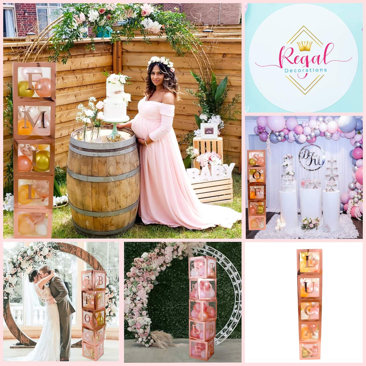 96 PC Bridal Shower Decorations Balloon Boxes Rose Gold - Transparent Block with BRIDE TO BE +