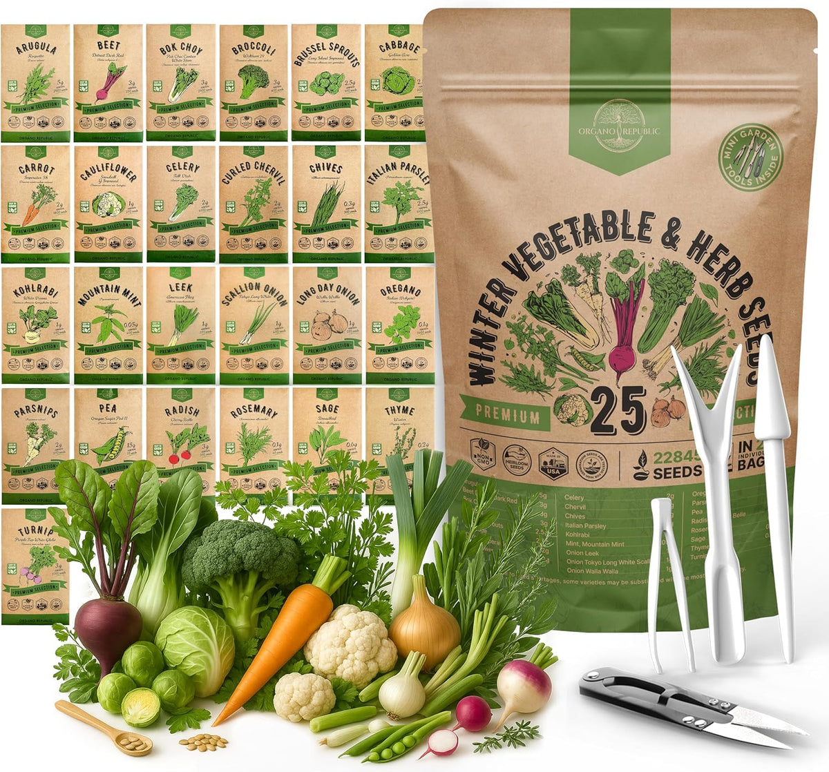 Organo Republic 25 Winter Vegetable & Herb Garden Seeds Variety Pack for Outdoors & Indoor Home