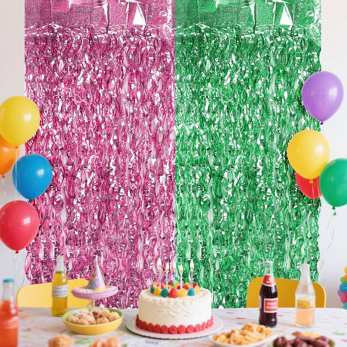 CANREVEL 2 Pack 3.3x6.6 Feet Pink and Green Wavy Foil Fringe Backdrop Curtains, Tinsel Streamers
