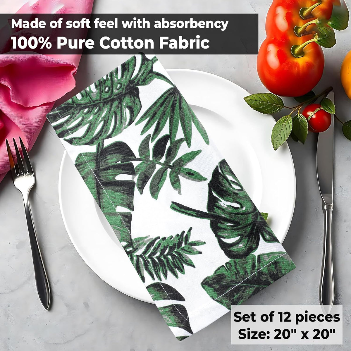 Urban Villa Cloth Napkins Tropical Print 100% Cotton Absorbent Dinner Napkins (Set of 12) Oversized