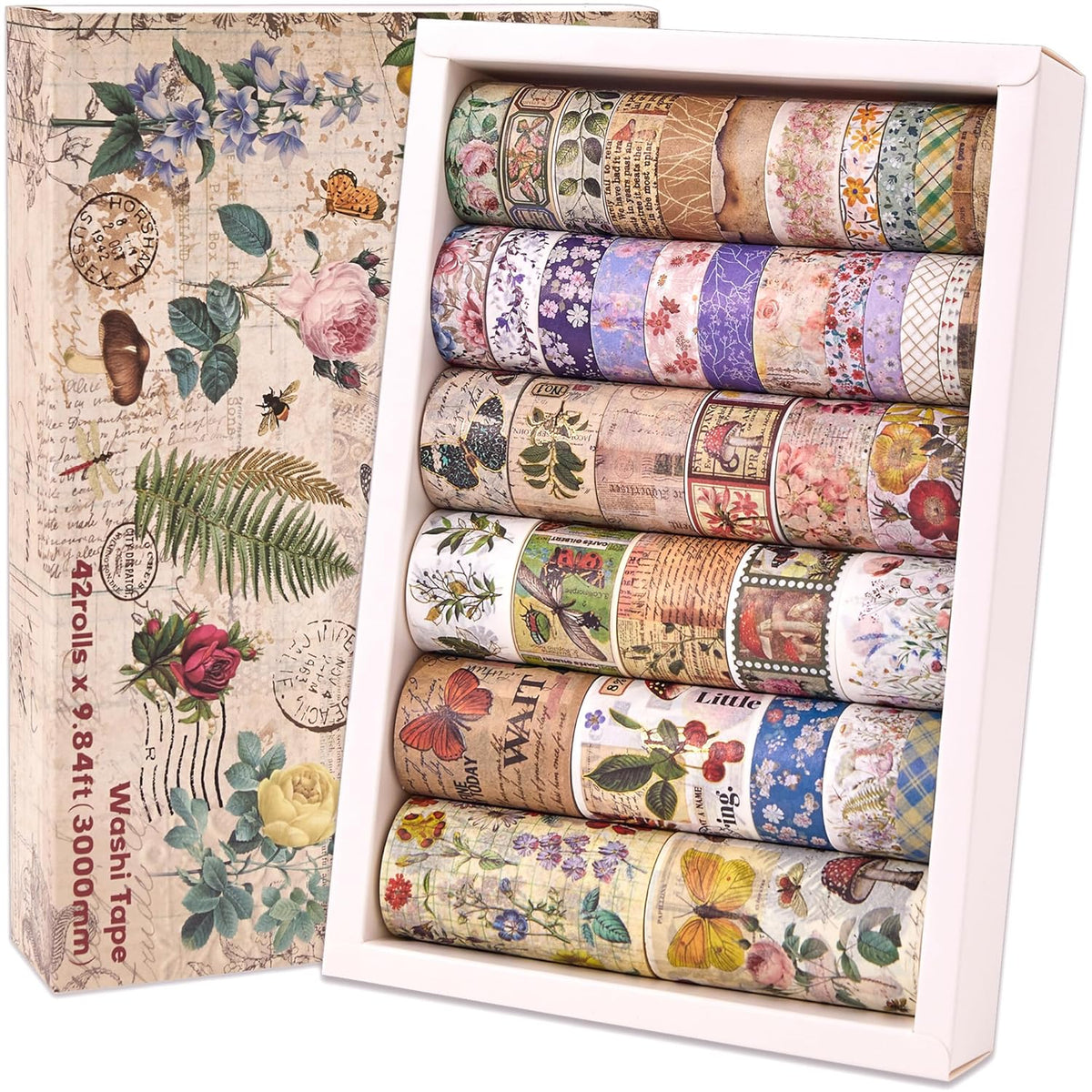 42 Rolls Vintage Washi Tape Set, Floral Letter Butterfly Mushroom Botanical Flower Writable