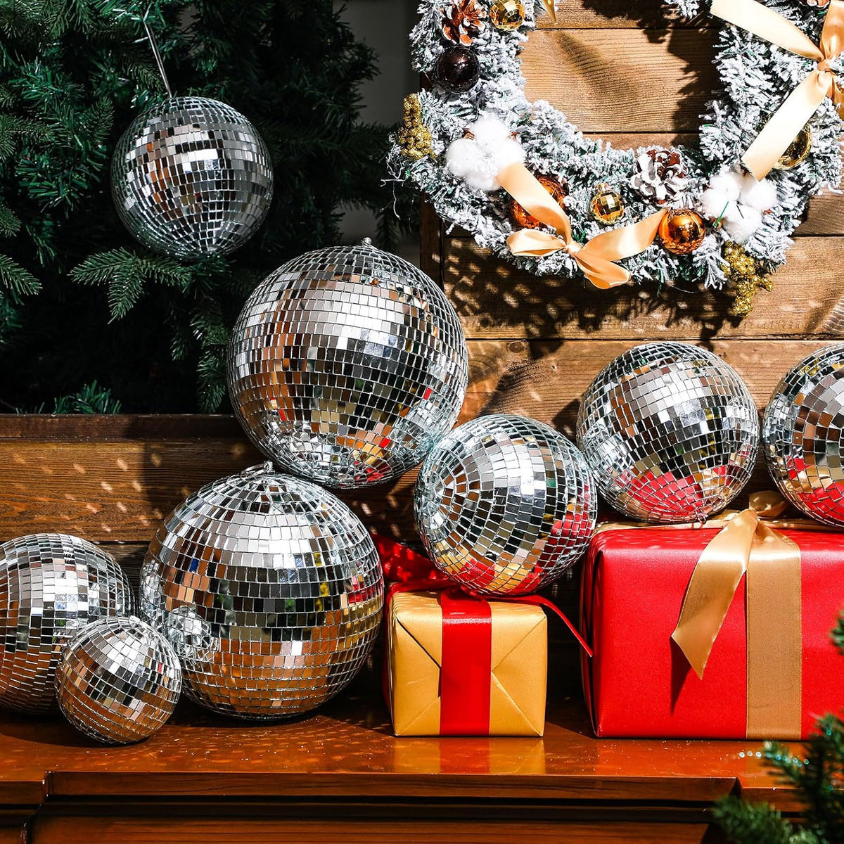 Haull 8 Pcs Large Disco Ball Set Silver Mirror Disco Reflective Ball with Hanging Ring Party
