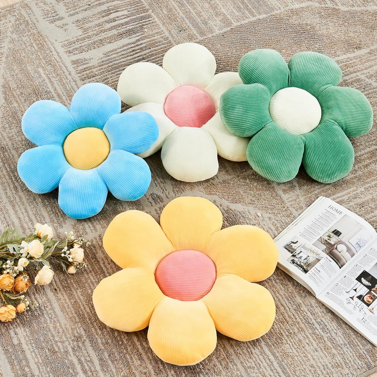 Yellow Flower Pillow, 14.9" Cute Flower Shaped Floor Pillow, Aesthetic Floral Plush Daisy