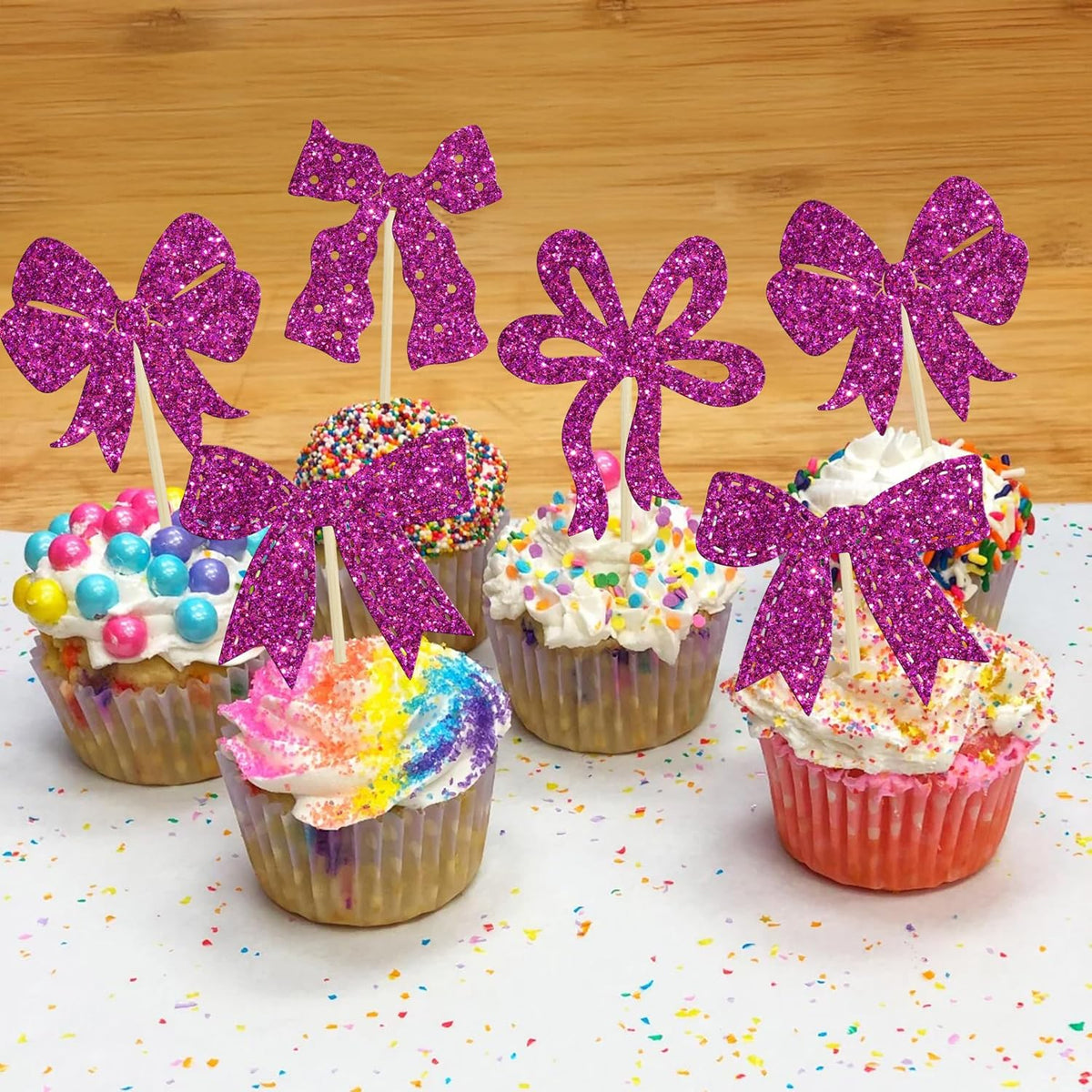 Ephlyn 24Pcs Bow Cupcake Toppers Bow Birthday Cake Topper Girls Birthday Party Decorations Bowknot