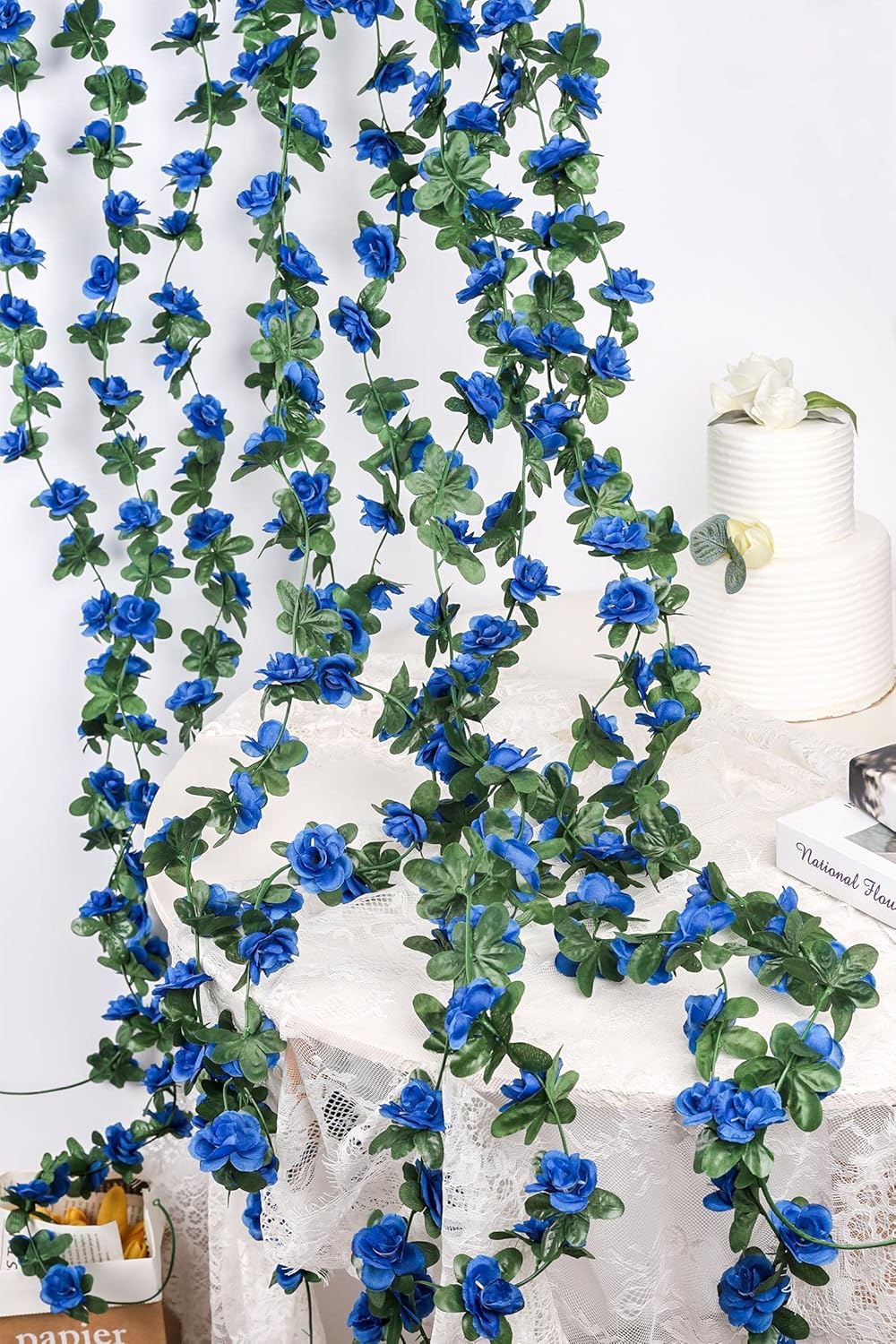 Miracliy 5Pcs 41FT Blue Flower Garland Artificial Rose Arch Vines Fake Spring Floral Garland for