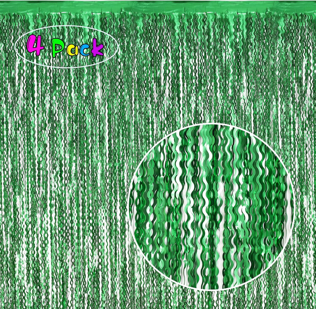 4Pcs Wavy Green Fringe Backdrop -3.3x6.6ft Green Streamer Foil Curtains for Jungle Party