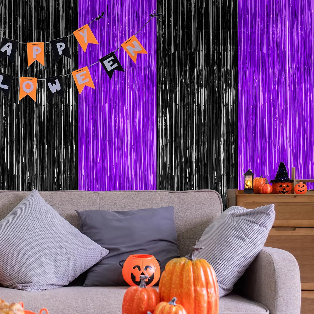 2 Pack Halloween Decor, 3.28 FT x 7.05 FT Purple and Black Foil Streamer, Metallic Fringe Curtains