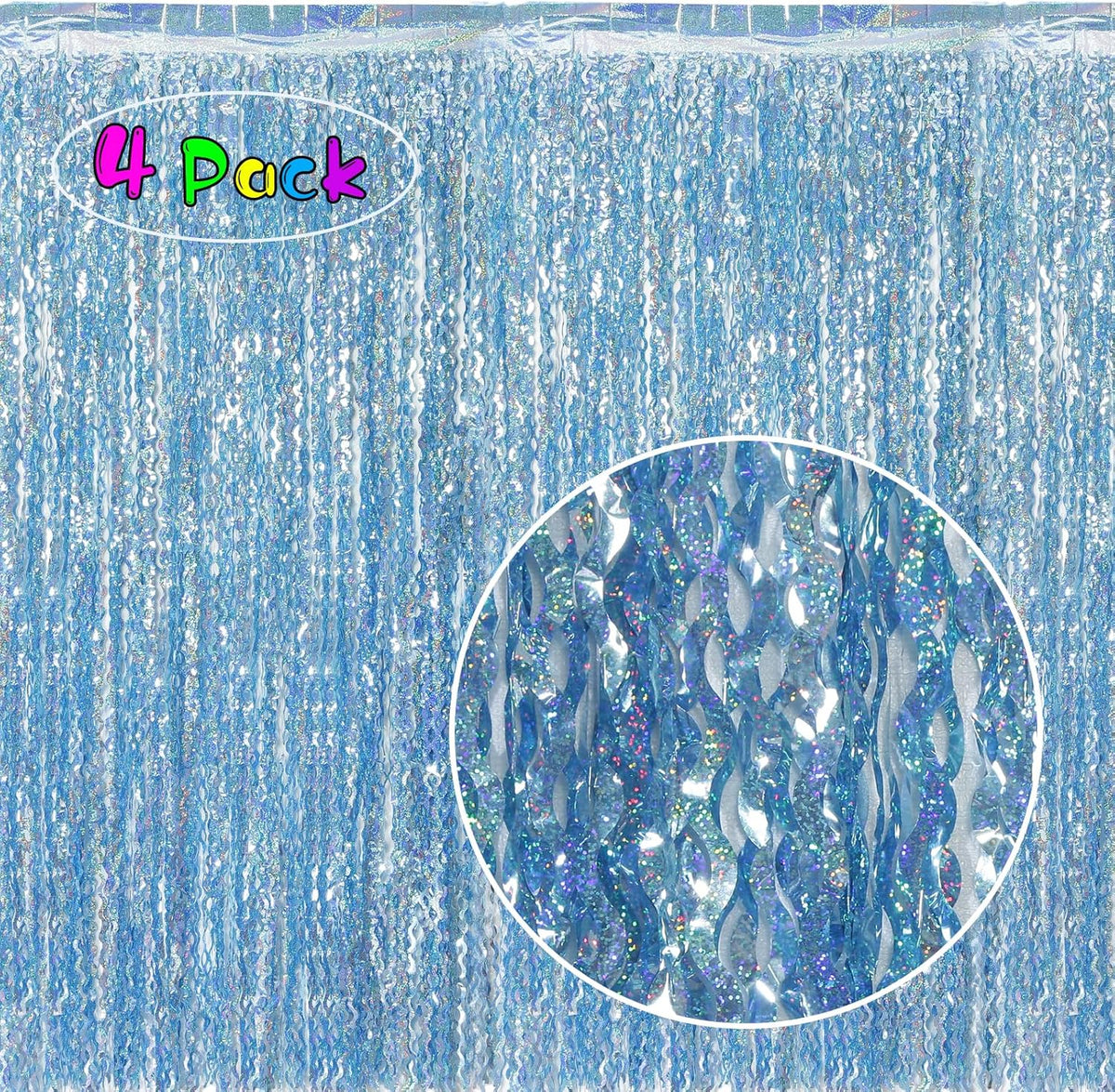 4 Pack Wavy Blue Tinsel Backdrop Streamers Party Decorations 3.3x6.6 Feet | Foil Fringe Curtain