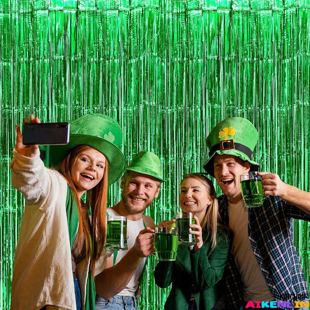 4 Pack Green Foil Fringe Curtain Backdrop, 3.3Ft x 9.8Ft Metallic Tinsel Foil Fringe Streamers