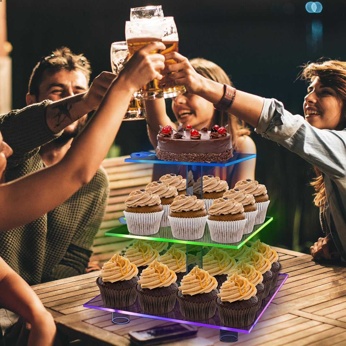 Cupcake Stand for 24 Cupcakes, 3 Tier Cupcake Holder with Rechargeable LED, 7 Colors Light Cupcake