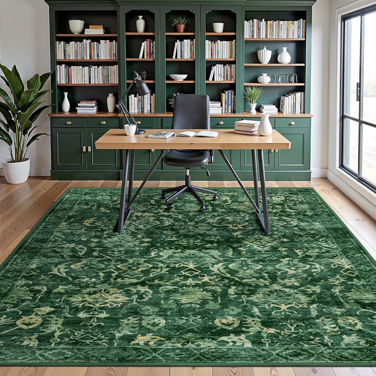 Dark Green Area Rugs 6x9 for Living Room, Washable Vintage Rugs for Bedroom, Distressed Throw Rug