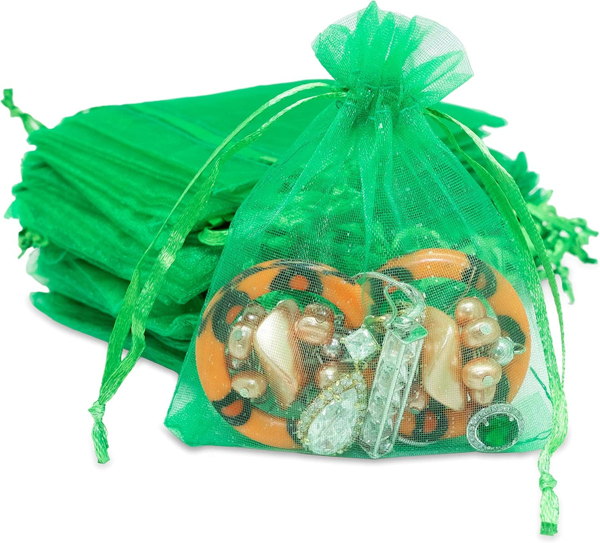 TheDisplayGuys 100-Pack 3x4 Light Green Sheer Organza Gift Bags with Drawstring, Jewelry Candy