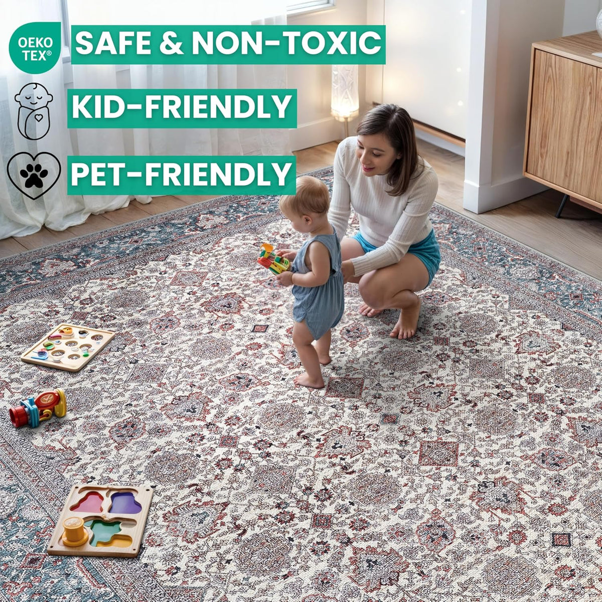 Bloom Rugs Washable Non-Slip 3' x 5' Rug - Teal/Blue/Beige Traditional Oriental Area Rug for Living