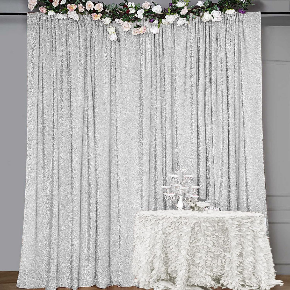 10FT x10FT Silver Metallic Spandex Backdrop, 1 Panel Glitter Sheer Photography Background, Stretchy