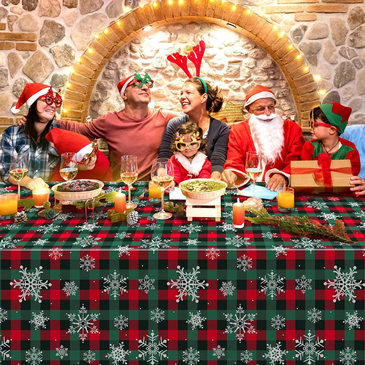 6Pcs Christmas Buffalo Plaid Snowflake Party Tablecloths Decorations,Plastic Red and Green