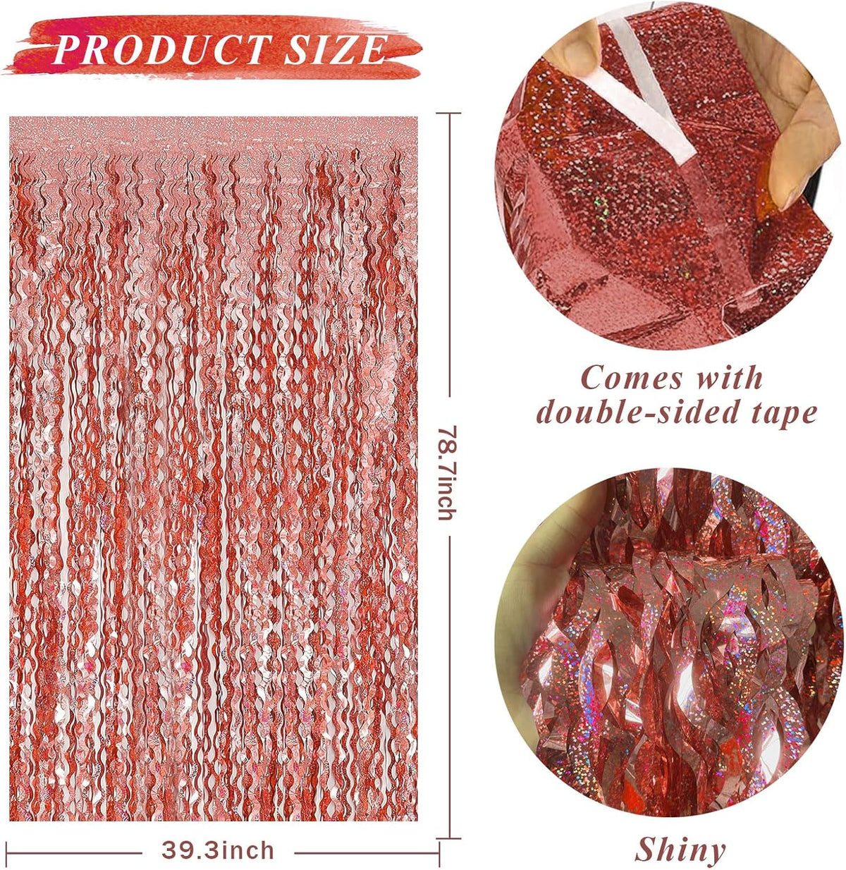 Rose Gold Tinsel Foil Fringe Curtains Wavy Backdrop for Parties Sparkle Metallic Wavy Foil Fringe