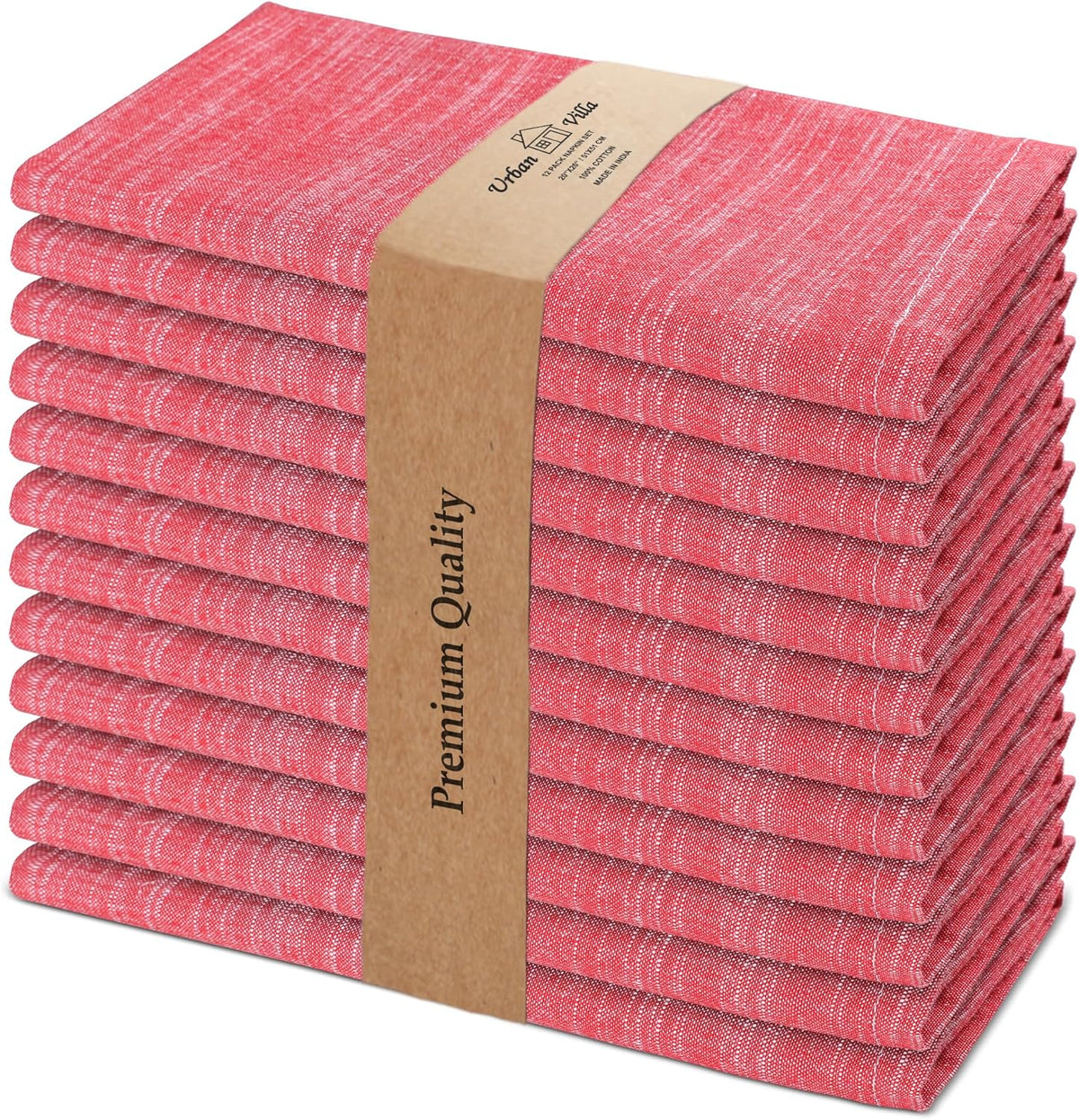 Urban Villa Dinner Napkins Red White Chambray Cloth Napkins (Set of 12) Oversized 20x20 Inches 100%