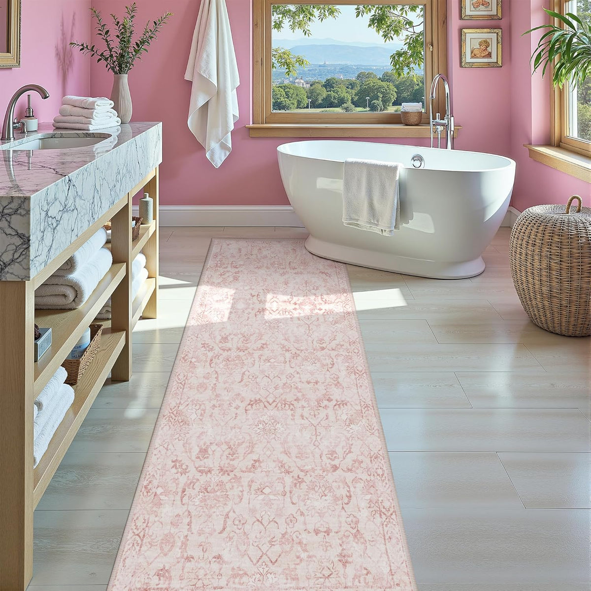 Pink 3x7 Runner Rug for Hallways Bed Side Kitchen, Boho Washable Distressed Low-Pile Floor Entryway
