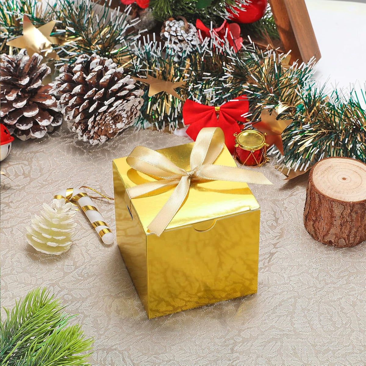 DOYIDE 60 Pcs Small Gift Boxes, 3x3x3 inches Kraft Paper Gift Box with Ribbons, Gold Candy Boxes